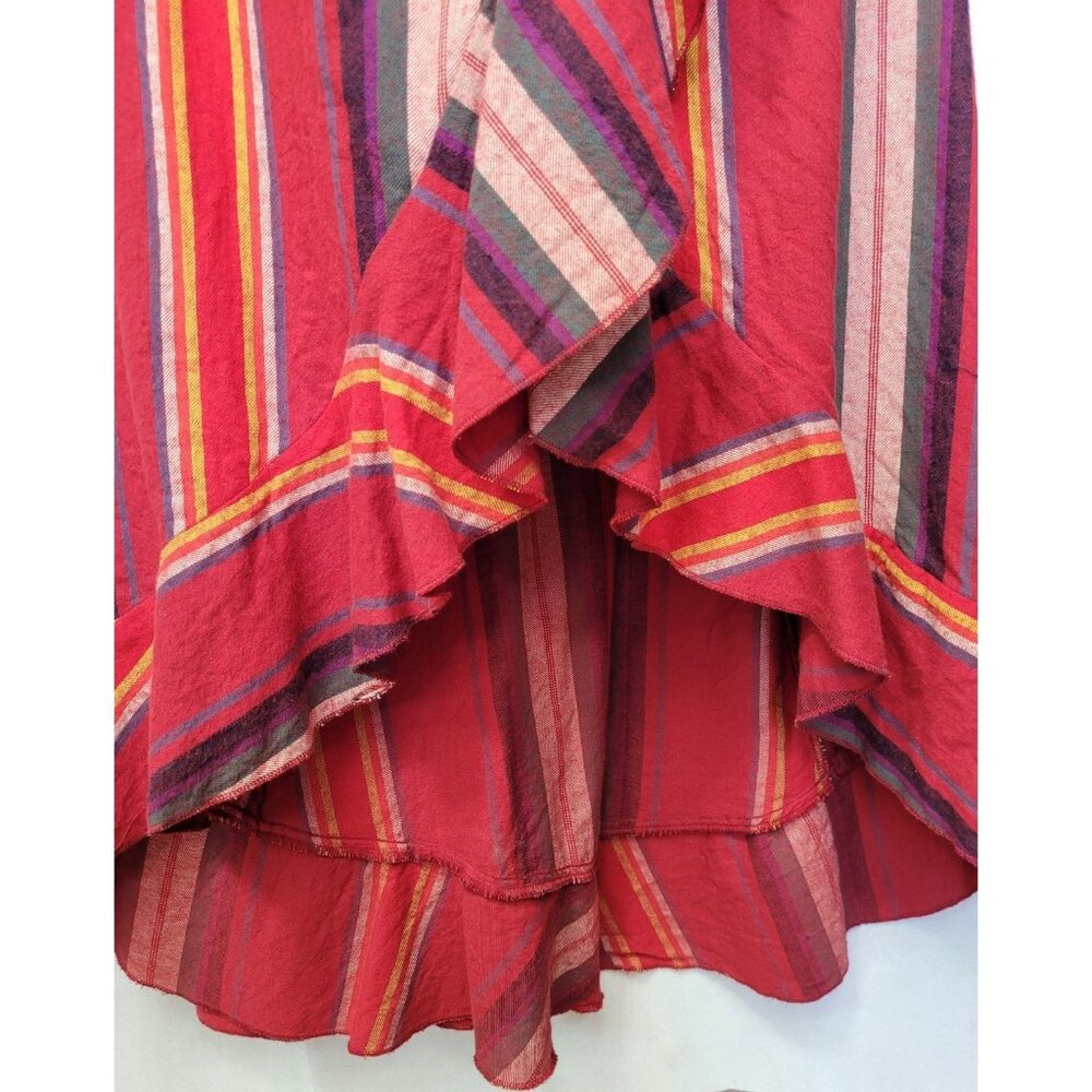 R Cinco Ranch Skirt L Asymmetrical Hem Faux Wrap Red Stripe Elastic Waist Ruffle - Picture 13 of 13